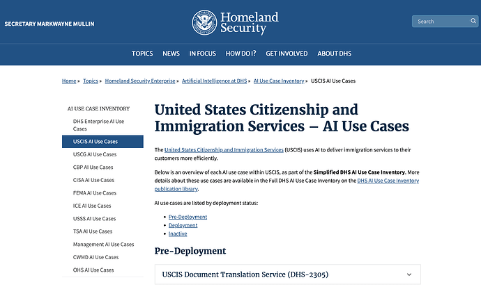 Скриншот официальной страницы DHS USCIS AI Use Cases